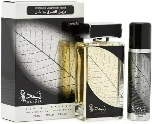 Lattafa Perfumes Najdia 2 Piece Set for Men (3.4 Ounce Eau de Parfum Spray + 1.7 Ounce Deodorant Spray)
